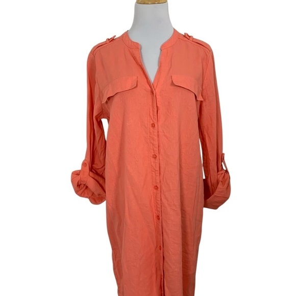 Calvin Klein Linen Blend Shirt Dress Women’s 10 Coral Roll Tab Sleeves Buttons - Picture 3 of 16